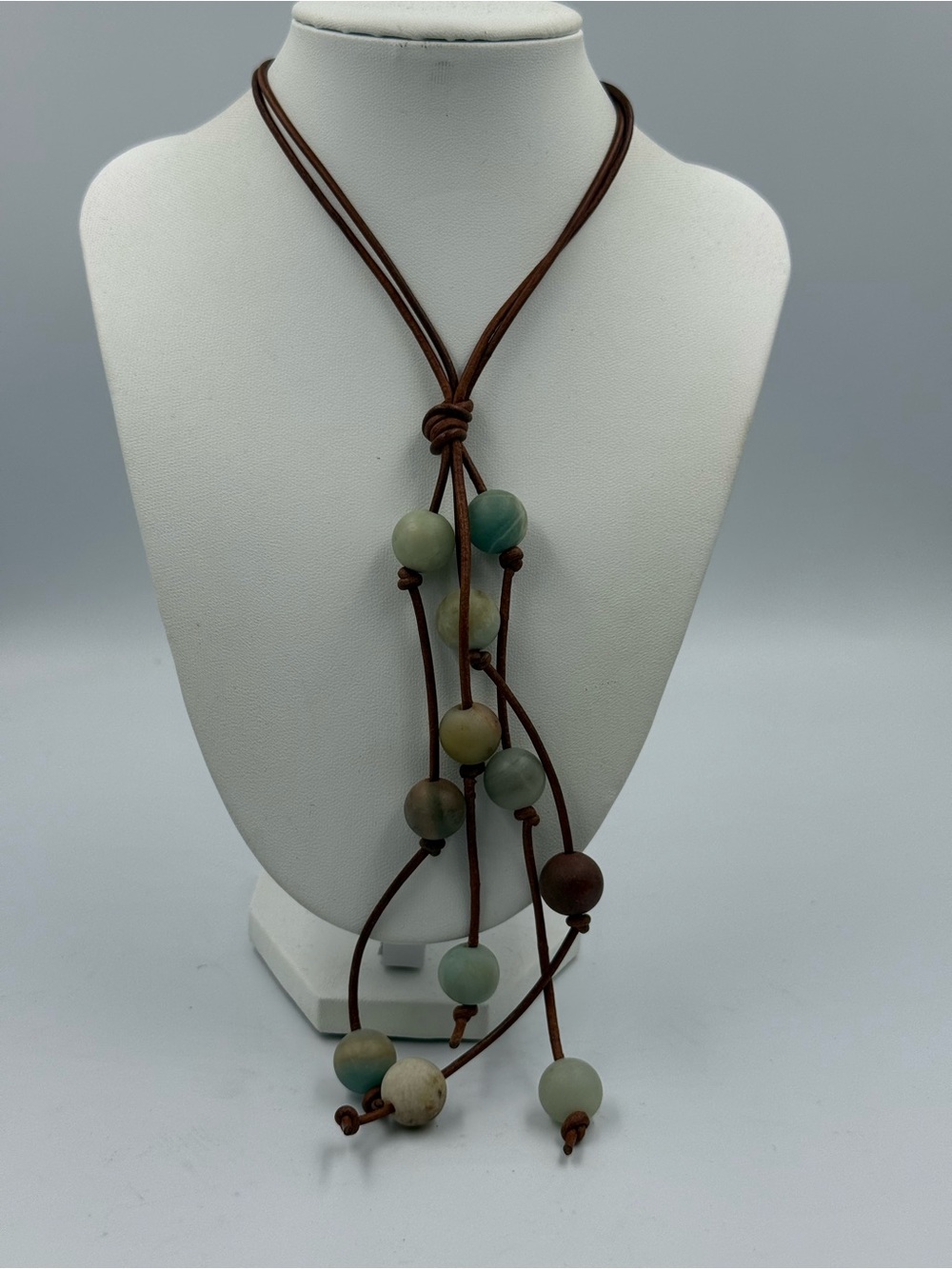 Long Stone Beaded Leather Cord Necklace Lariat Style Boho Western Forest Fairy